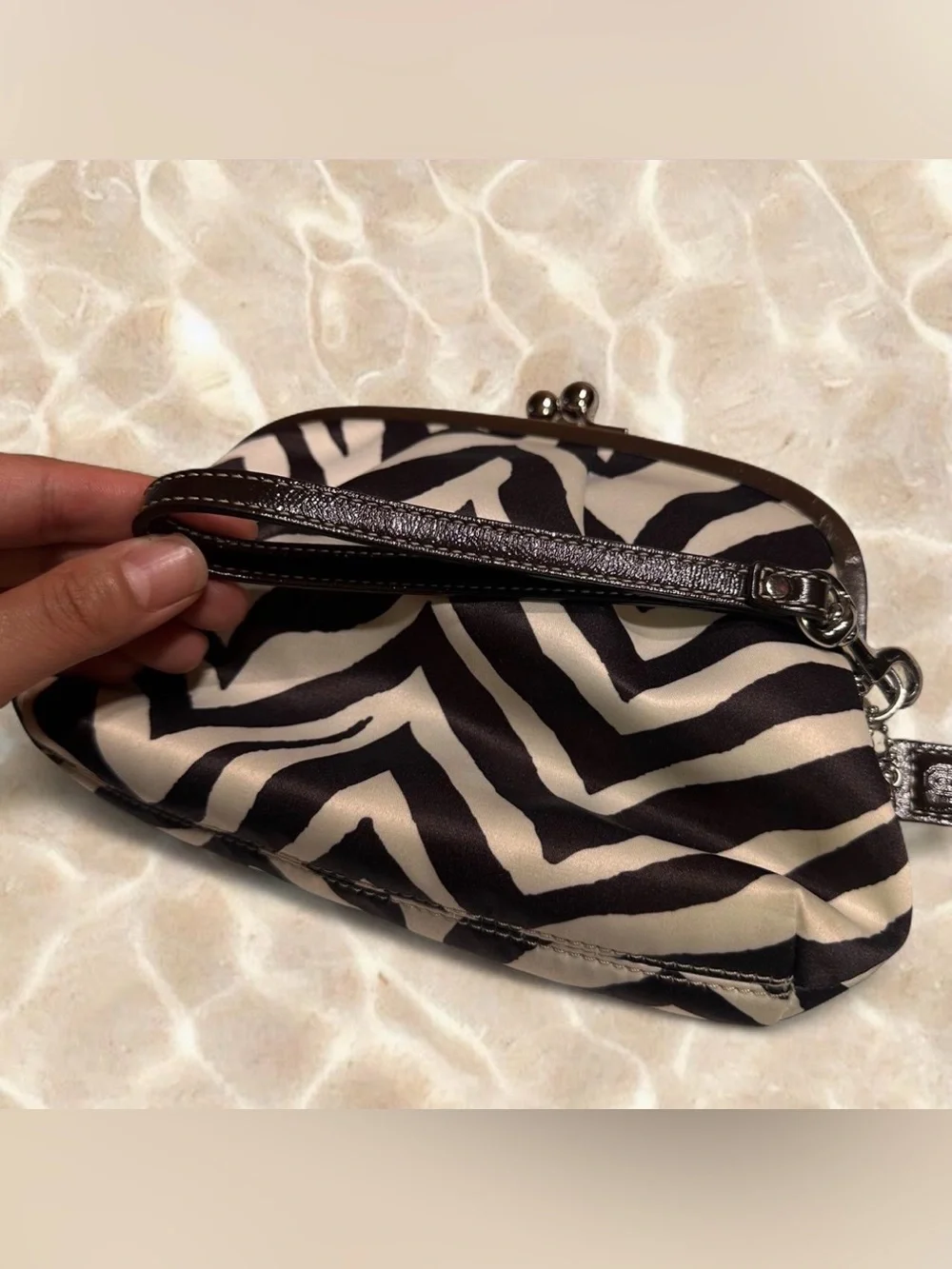 Y2K Coach Zebra-Print Kiss-Lock Coin Clutch Wristlet in Brown and White